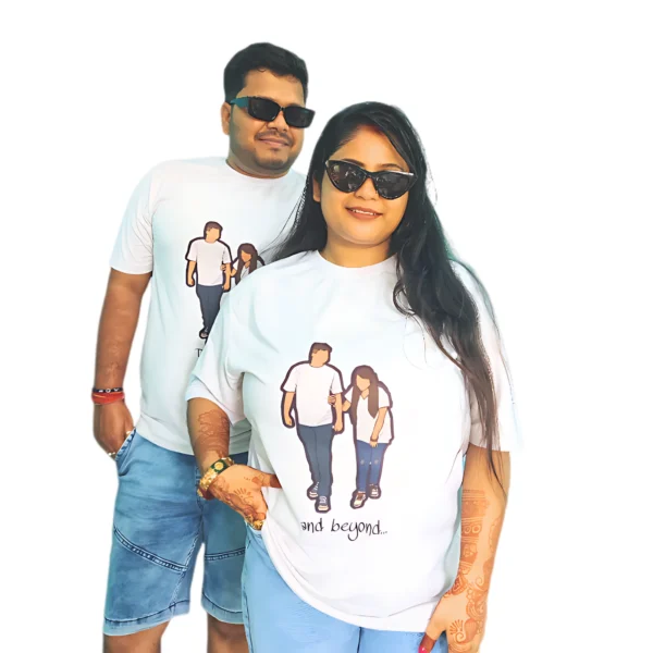 Personalized Couple Portrait Round Neck White T-Shirt (Pack of 2)