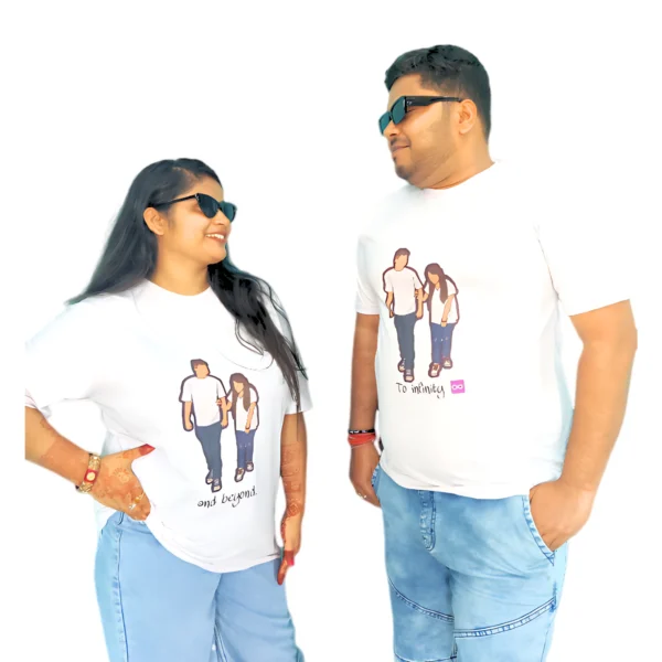 Personalized Couple Portrait Round Neck White T-Shirt (Pack of 2)