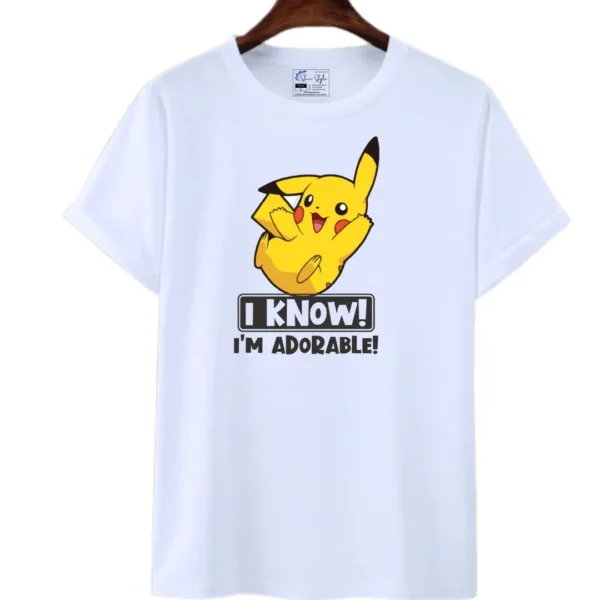 Unisex Casual Pikachu Printed "I Know - I am Adorable" Round Neck T-Shirt/Top