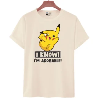 Unisex Casual Pikachu Printed "I Know - I am Adorable" Round Neck T-Shirt/Top