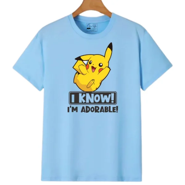 Unisex Casual Pikachu Printed "I Know - I am Adorable" Round Neck T-Shirt/Top