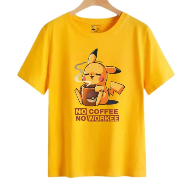 Unisex Casual Pikachu Printed "No Coffee No Workee" Round Neck T-Shirt/Top