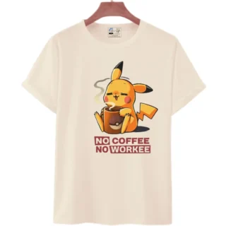 Unisex Casual Pikachu Printed "No Coffee No Workee" Round Neck T-Shirt/Top