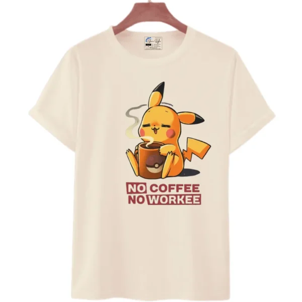 Unisex Casual Pikachu Printed "No Coffee No Workee" Round Neck T-Shirt/Top