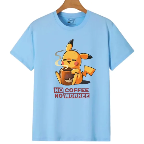 Unisex Casual Pikachu Printed "No Coffee No Workee" Round Neck T-Shirt/Top