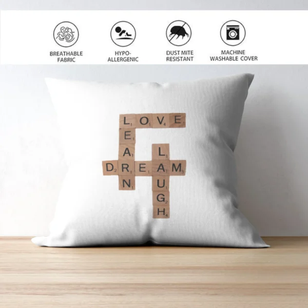 Dream, Love, Learn, Laugh Cushion | Typography Printed Cushion With Filling