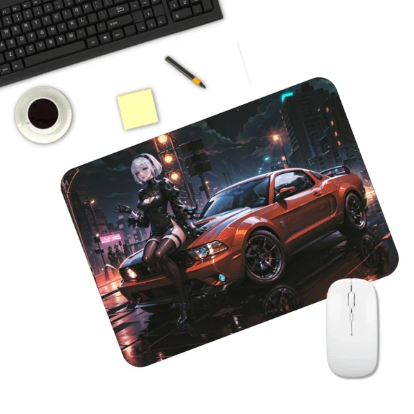 Anime Girl with Car Design Mousepad | Cityscape Cartoon Printed Mousepad