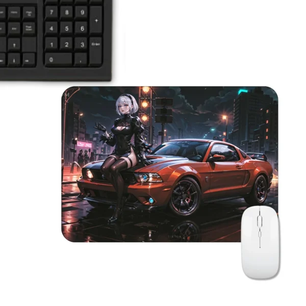 Anime Girl with Car Design Mousepad | Cityscape Cartoon Printed Mousepad