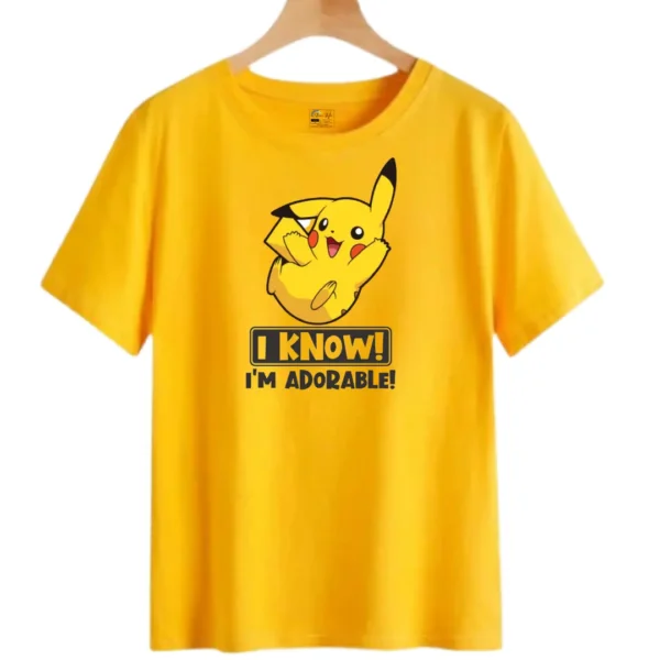 Unisex Casual Pikachu Printed "I Know - I am Adorable" Round Neck T-Shirt/Top